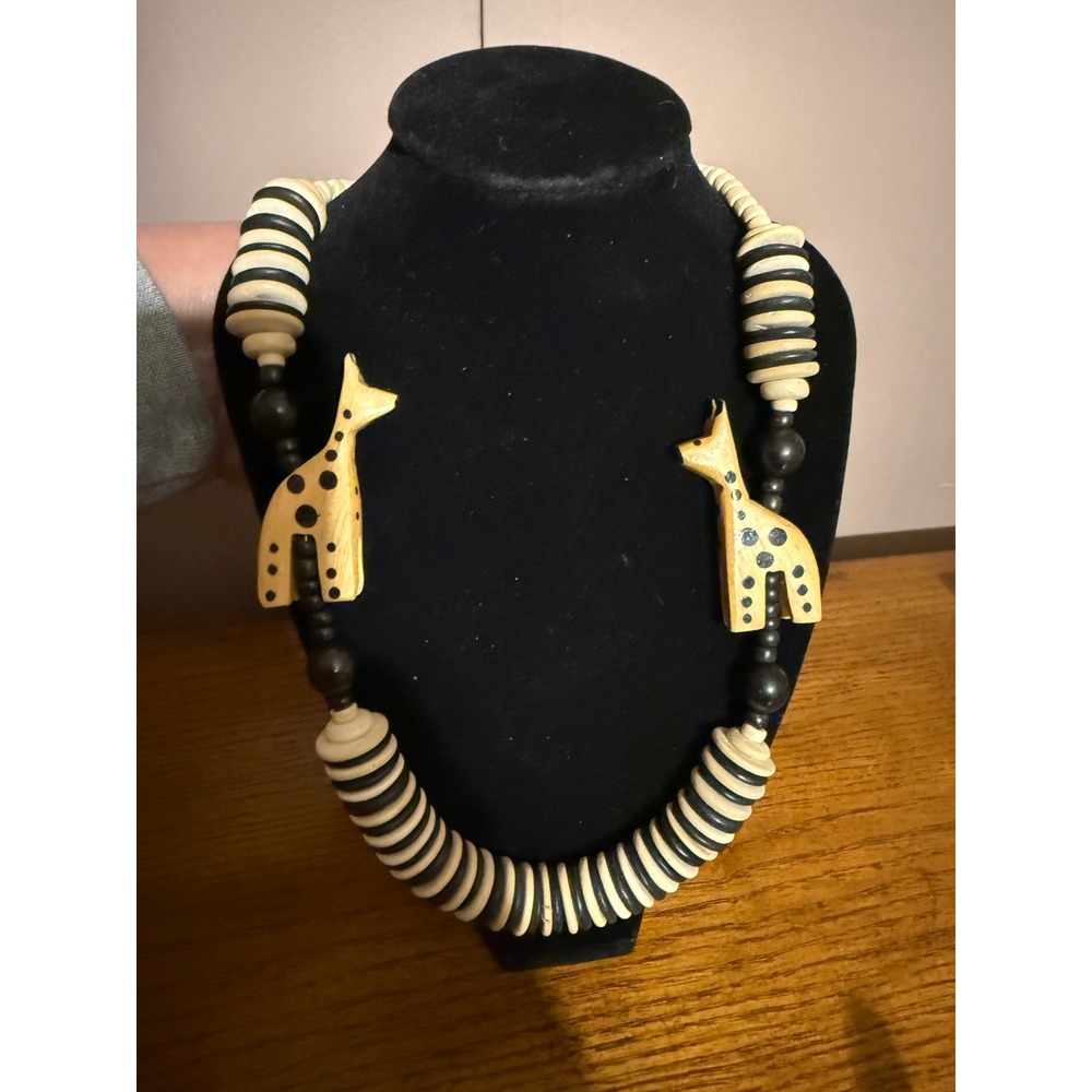 Vintage Hand Painted Wood Giraffe Bead Necklace Black Cream Safari Statement 24"